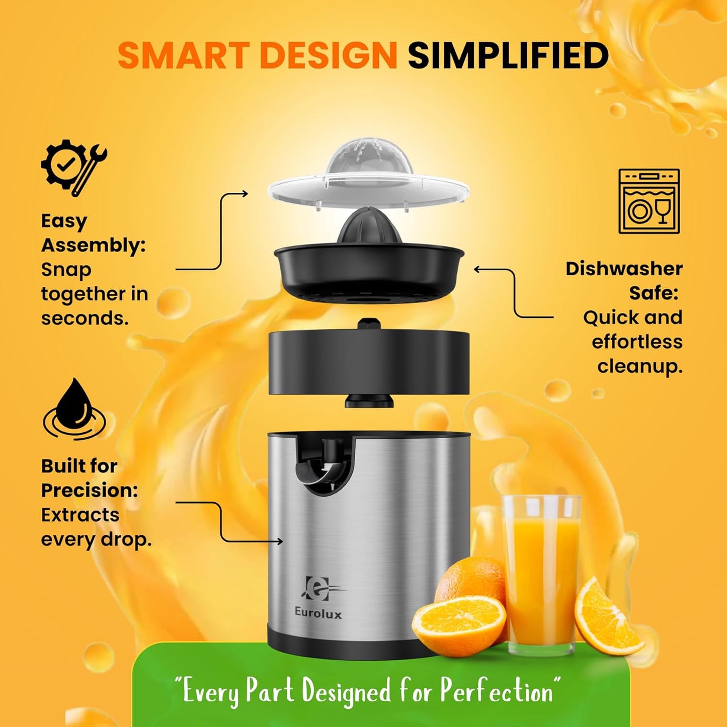 Electric Orange Juicer, Sleek Effortless Citrus Juice Squeezer for Lemon, Lime, Grapefruit | Powerful Motor, Easy to Clean, Removable Dishwasher-Safe Parts
