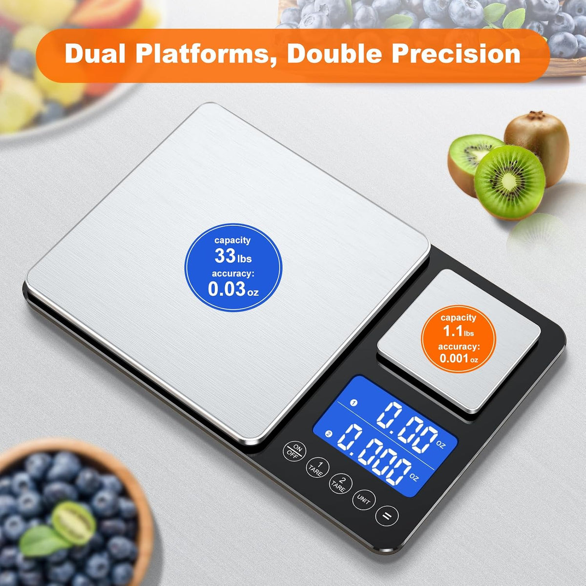 0.001oz/33lbs Dual Platform Food Kitchen Scales Digital Weight Grams and Ounces, Two Precisions Kitchen Scale for Sourdough Bread, Baking and Cooking with 7 Units Tare, Accumulation Functions