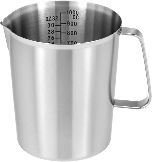 304 Stainless Steel Measuring Cup 32 OZ with OZ/ML Graduations, 4 Cup Kitchen Mixing Pitcher, Precision Engraved Markings, Container for Baking and Frothing, 1 Liter