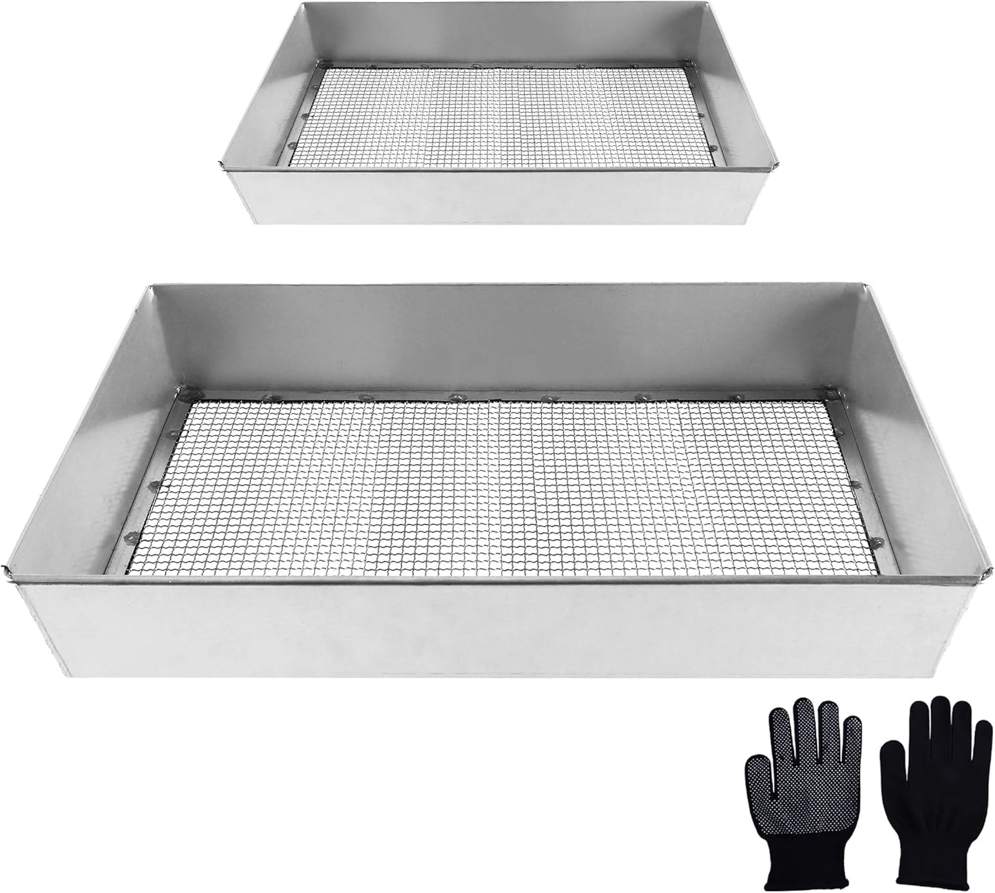 Remiawy Soil Sifter for Gardening, 2 Pack Rock Sifter for Compost Dirt Sand, Metal Garden Sieve Sifting Pan Tray, 1/4” Mesh Soil Screen Set of 2-17.5” x 11.5” and 12” x 10” (Large and Standard)