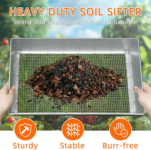 Remiawy Soil Sifter for Gardening, 2 Pack Rock Sifter for Compost Dirt Sand, Metal Garden Sieve Sifting Pan Tray, 1/4” Mesh Soil Screen Set of 2-17.5” x 11.5” and 12” x 10” (Large and Standard)