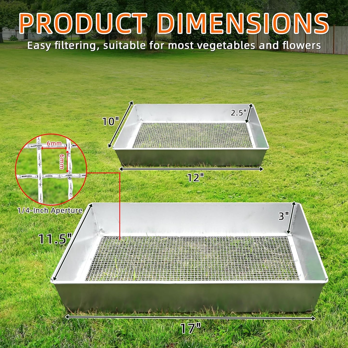 Remiawy Soil Sifter for Gardening, 2 Pack Rock Sifter for Compost Dirt Sand, Metal Garden Sieve Sifting Pan Tray, 1/4” Mesh Soil Screen Set of 2-17.5” x 11.5” and 12” x 10” (Large and Standard)