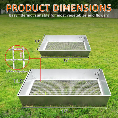 Remiawy Soil Sifter for Gardening, 2 Pack Rock Sifter for Compost Dirt Sand, Metal Garden Sieve Sifting Pan Tray, 1/4” Mesh Soil Screen Set of 2-17.5” x 11.5” and 12” x 10” (Large and Standard)