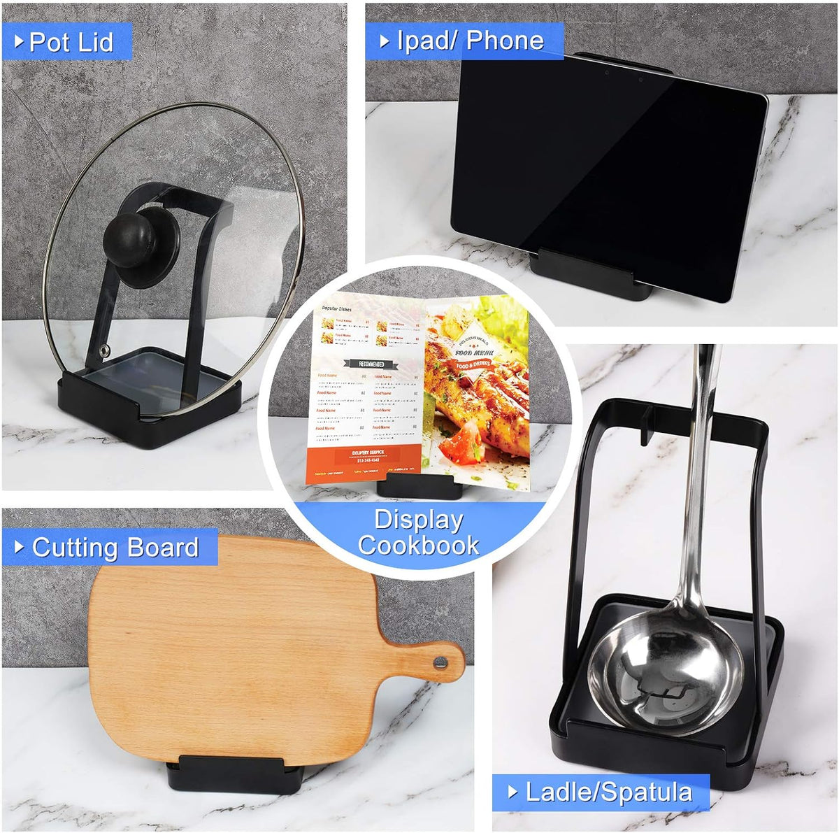 Versatile Pot Lid Ladle Holder Multipurpose Spatula Pad Book Cutting Board Spoon Rest Kitchen Utensils Drip Tray Washable Durable Stable Tack-Free Installation (Black)