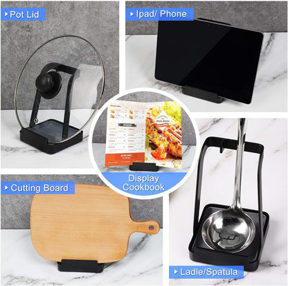 Versatile Pot Lid Ladle Holder Multipurpose Spatula Pad Book Cutting Board Spoon Rest Kitchen Utensils Drip Tray Washable Durable Stable Tack-Free Installation (Black)
