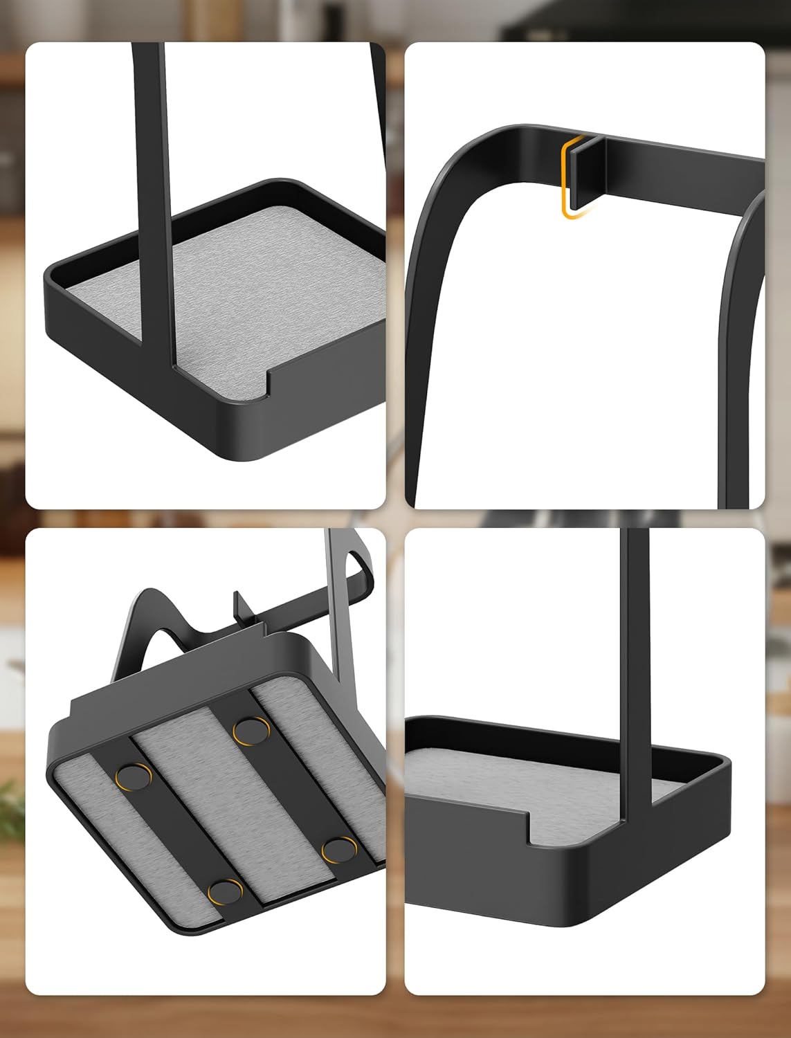 Versatile Pot Lid Ladle Holder Multipurpose Spatula Pad Book Cutting Board Spoon Rest Kitchen Utensils Drip Tray Washable Durable Stable Tack-Free Installation (Black)
