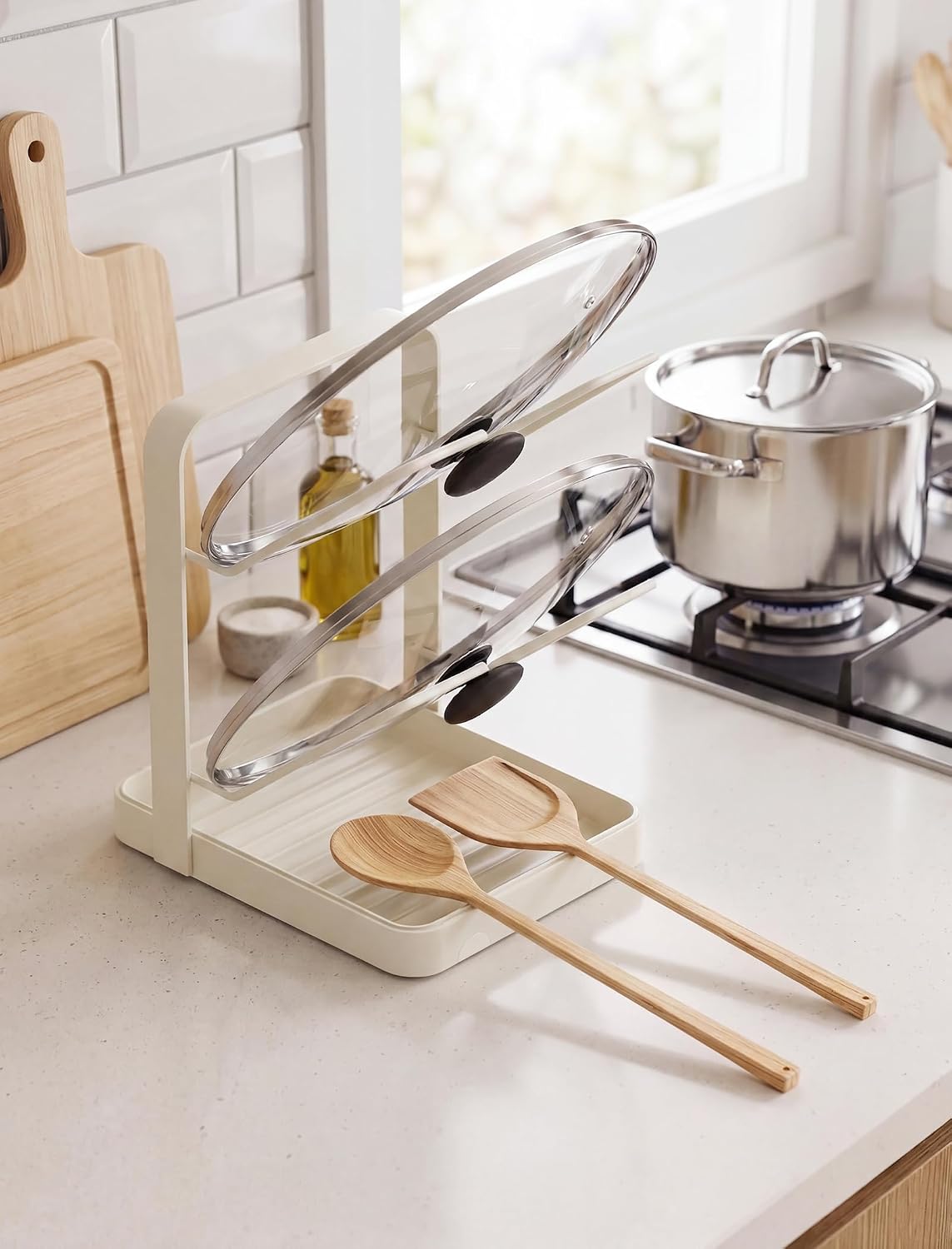 Versatile Pot Lid Ladle Holder Multipurpose Spatula Pad Book Cutting Board Spoon Rest Kitchen Utensils Drip Tray Washable Durable Stable Tack-Free Installation (Black)
