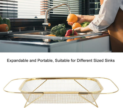 Over the Sink Strainer, Stainless Steel Colander Strainer Basket with Expandable Handles, Professional Fine Mesh Colander Strainer for Kitchen Sink for Rinse Fruits, Vegetables