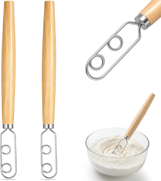 2 Pcs 13 Inch Sourdough Starter Stirring Hook Danish Dough Whisk Wooden Dutch Mixer Hand Utensil with Stainless Steel Dough Hook for Bread, Pizza, Pastry, Cake Batter Making Tool