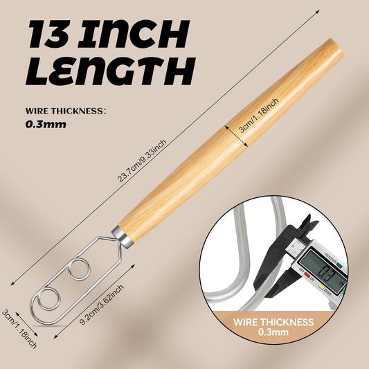 2 Pcs 13 Inch Sourdough Starter Stirring Hook Danish Dough Whisk Wooden Dutch Mixer Hand Utensil with Stainless Steel Dough Hook for Bread, Pizza, Pastry, Cake Batter Making Tool