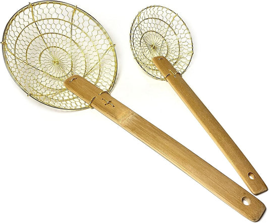 5" & 7" Round Brass Spider Strainer with Bamboo Handles Set Kitchen Supply