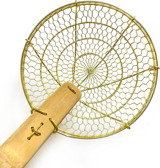5" & 7" Round Brass Spider Strainer with Bamboo Handles Set Kitchen Supply