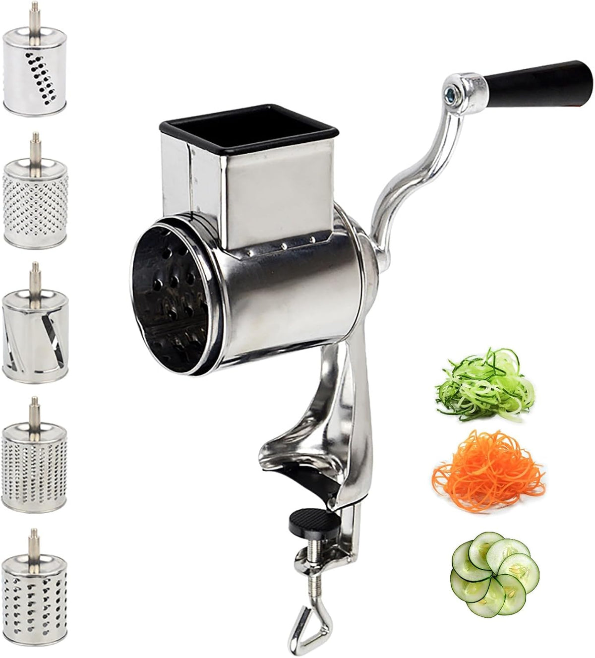 5-in-1 Rotary Cheese Grater Hand Drum Slicer Manual Cheese Shredder Multi-function Stainless Steel Vegetable Chopper Cutter with 5 Blades for Fruit Potato Cucumber Lemon Nut, Silver (Type2)