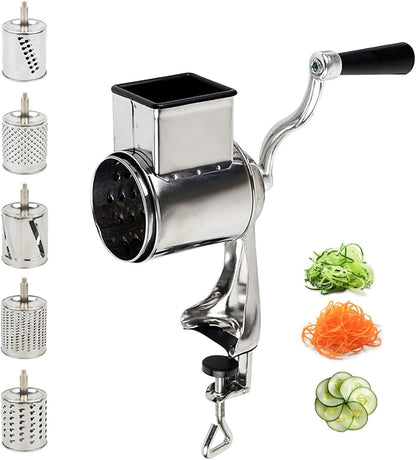 5-in-1 Rotary Cheese Grater Hand Drum Slicer Manual Cheese Shredder Multi-function Stainless Steel Vegetable Chopper Cutter with 5 Blades for Fruit Potato Cucumber Lemon Nut, Silver (Type2)