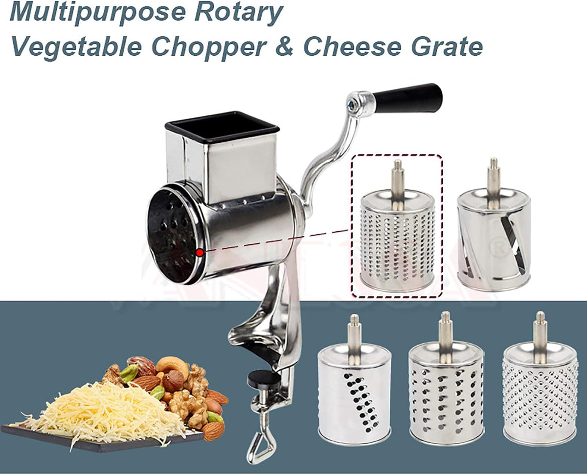 5-in-1 Rotary Cheese Grater Hand Drum Slicer Manual Cheese Shredder Multi-function Stainless Steel Vegetable Chopper Cutter with 5 Blades for Fruit Potato Cucumber Lemon Nut, Silver (Type2)