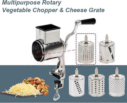 5-in-1 Rotary Cheese Grater Hand Drum Slicer Manual Cheese Shredder Multi-function Stainless Steel Vegetable Chopper Cutter with 5 Blades for Fruit Potato Cucumber Lemon Nut, Silver (Type2)