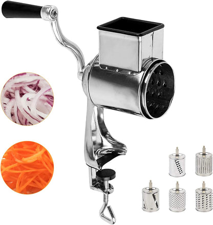 5-in-1 Rotary Cheese Grater Hand Drum Slicer Manual Cheese Shredder Multi-function Stainless Steel Vegetable Chopper Cutter with 5 Blades for Fruit Potato Cucumber Lemon Nut, Silver (Type2)