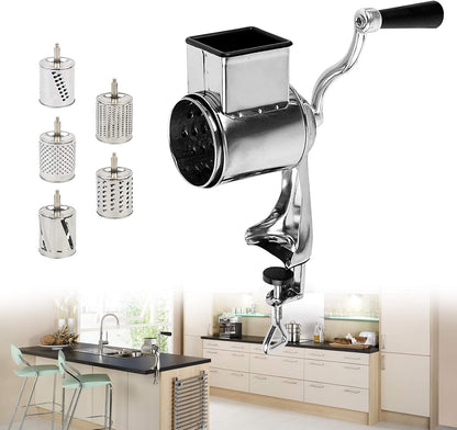 5-in-1 Rotary Cheese Grater Hand Drum Slicer Manual Cheese Shredder Multi-function Stainless Steel Vegetable Chopper Cutter with 5 Blades for Fruit Potato Cucumber Lemon Nut, Silver (Type2)