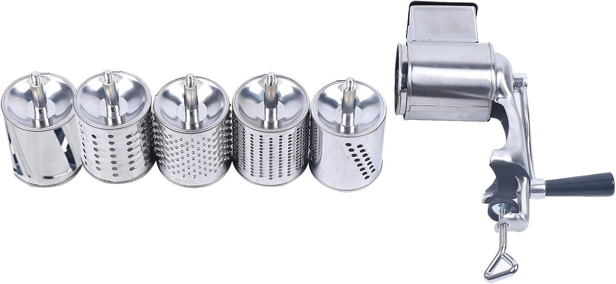 5-in-1 Rotary Cheese Grater Hand Drum Slicer Manual Cheese Shredder Multi-function Stainless Steel Vegetable Chopper Cutter with 5 Blades for Fruit Potato Cucumber Lemon Nut, Silver (Type2)