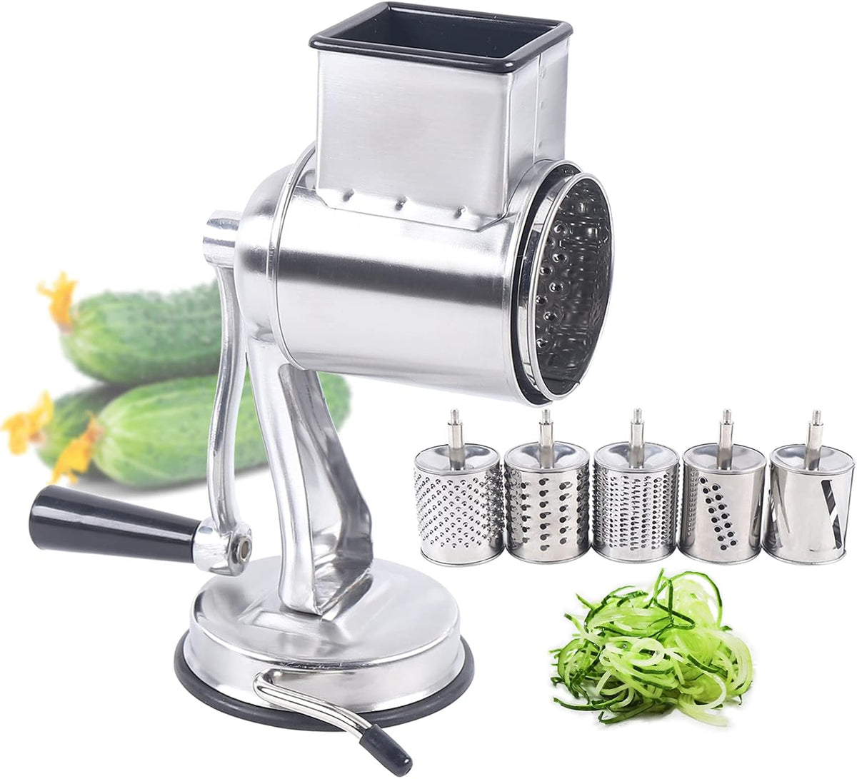5-in-1 Rotary Cheese Grater Hand Drum Slicer Manual Cheese Shredder Multi-function Stainless Steel Vegetable Chopper Cutter with 5 Blades for Fruit Potato Cucumber Lemon Nut, Silver (Type2)