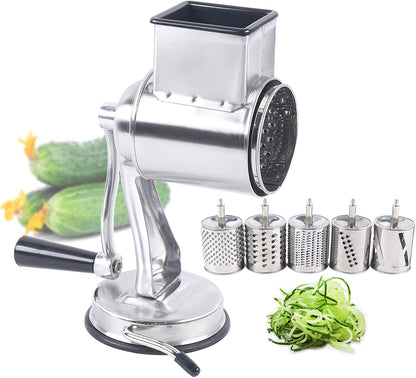 5-in-1 Rotary Cheese Grater Hand Drum Slicer Manual Cheese Shredder Multi-function Stainless Steel Vegetable Chopper Cutter with 5 Blades for Fruit Potato Cucumber Lemon Nut, Silver (Type2)
