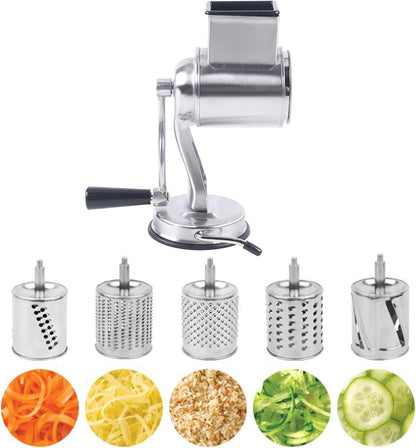 5-in-1 Rotary Cheese Grater Hand Drum Slicer Manual Cheese Shredder Multi-function Stainless Steel Vegetable Chopper Cutter with 5 Blades for Fruit Potato Cucumber Lemon Nut, Silver (Type2)