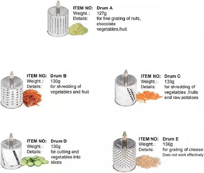 5-in-1 Rotary Cheese Grater Hand Drum Slicer Manual Cheese Shredder Multi-function Stainless Steel Vegetable Chopper Cutter with 5 Blades for Fruit Potato Cucumber Lemon Nut, Silver (Type2)
