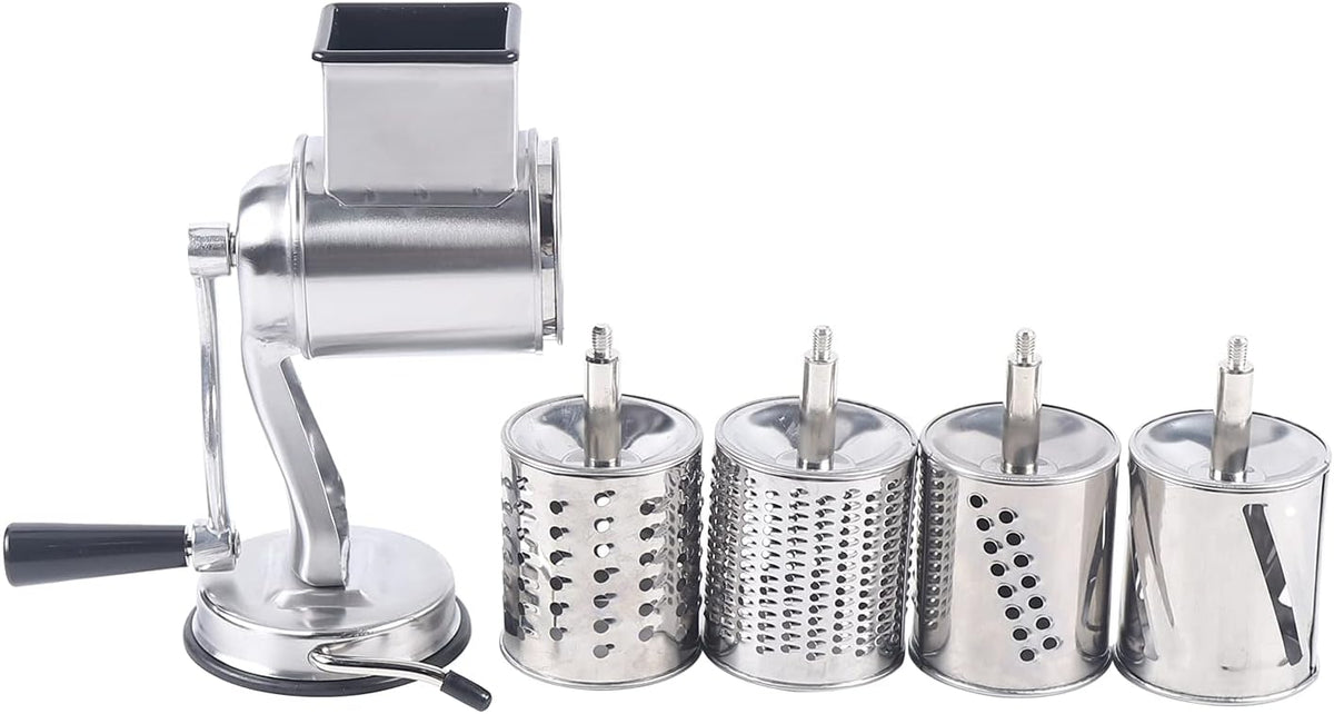 5-in-1 Rotary Cheese Grater Hand Drum Slicer Manual Cheese Shredder Multi-function Stainless Steel Vegetable Chopper Cutter with 5 Blades for Fruit Potato Cucumber Lemon Nut, Silver (Type2)
