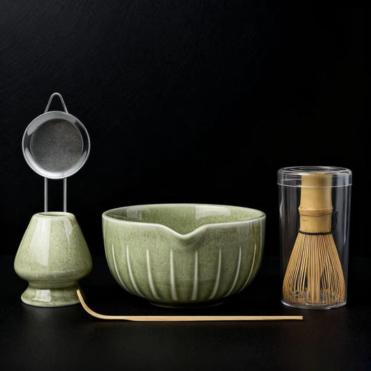 Matcha Whisk Set, Japanese Tea Set (5pcs) includes Matcha Bowl with Spout (19 oz), Bamboo Whisk, Matcha Scoop, Matcha Whisk Holder (Chasen Holder), Stainless Steel Sifter, Macha Kit