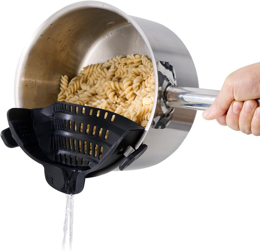 Silicone Clip On Strainer for Pots and Pans - Heat Resistant, Food, Noodle, Meat, Fruits, Vegetables and Pasta Strainer - Versatile Kitchen Gadget and Colander (Black)