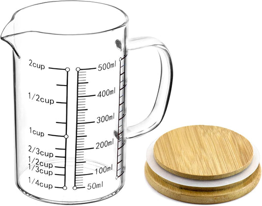 Glass Measuring Cup, 500ML (18 Oz, 2 Cup), High Borosilicate Glass Scale Cup with Handle and Durable Bamboo Lid, for Kitchen or Restaurant