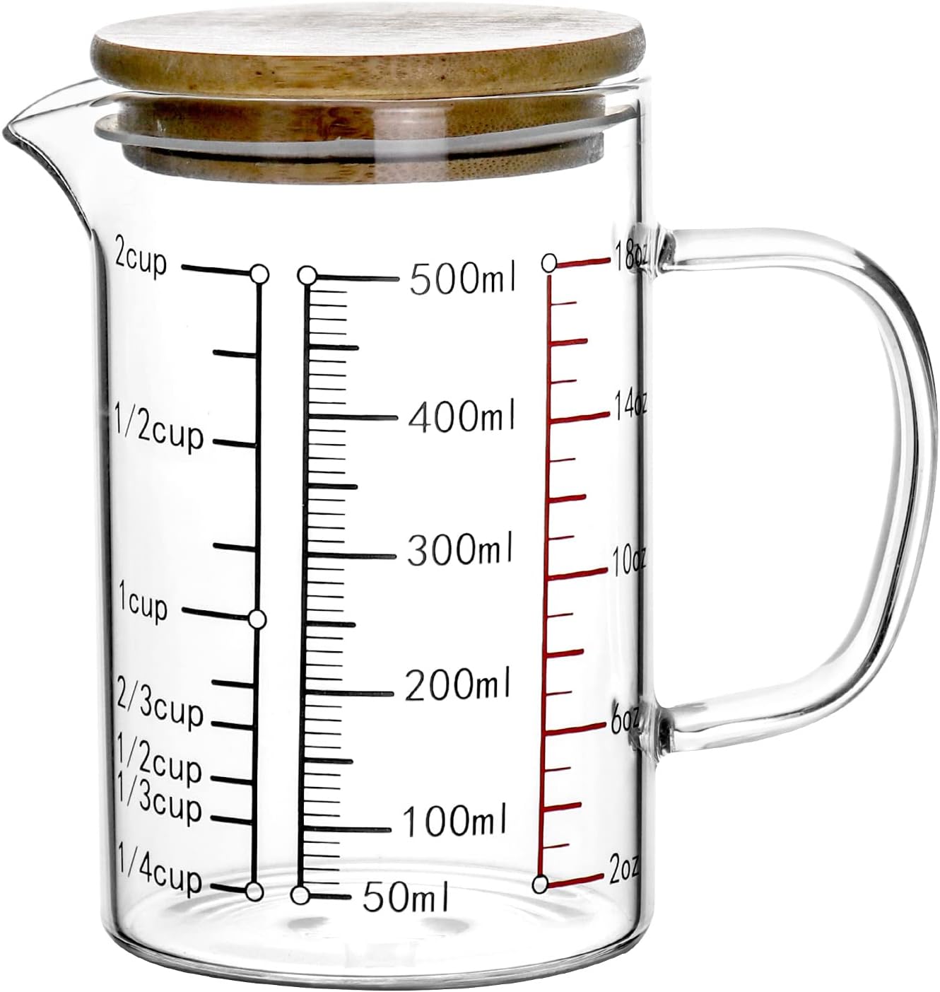 Glass Measuring Cup, 500ML (18 Oz, 2 Cup), High Borosilicate Glass Scale Cup with Handle and Durable Bamboo Lid, for Kitchen or Restaurant