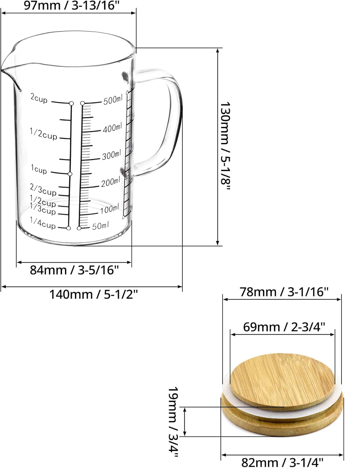 Glass Measuring Cup, 500ML (18 Oz, 2 Cup), High Borosilicate Glass Scale Cup with Handle and Durable Bamboo Lid, for Kitchen or Restaurant