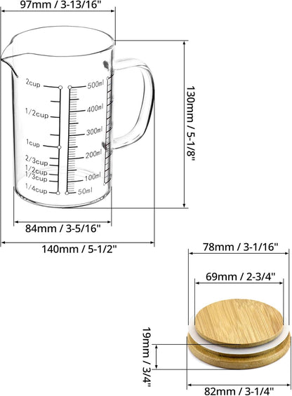 Glass Measuring Cup, 500ML (18 Oz, 2 Cup), High Borosilicate Glass Scale Cup with Handle and Durable Bamboo Lid, for Kitchen or Restaurant