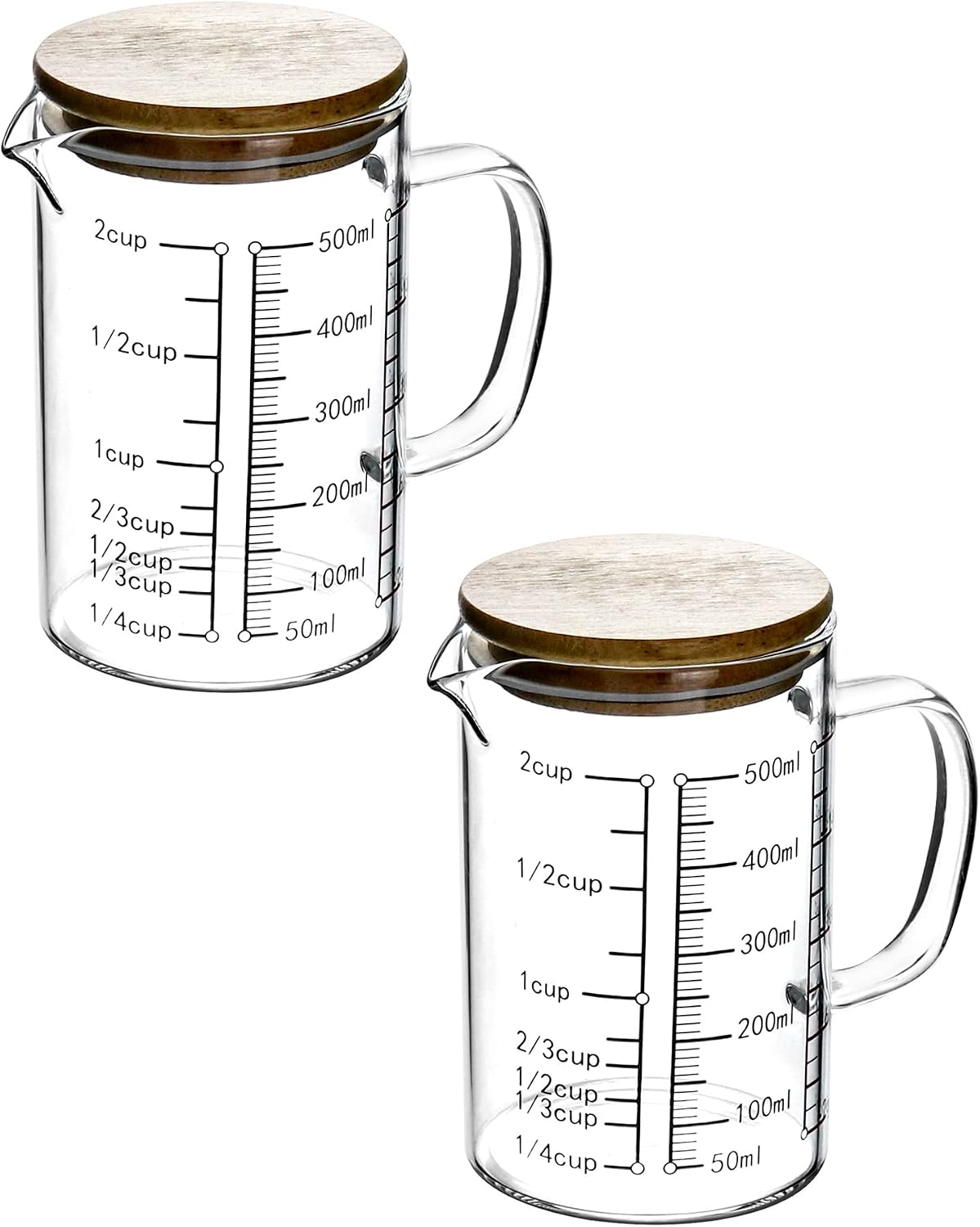 Glass Measuring Cup, 500ML (18 Oz, 2 Cup), High Borosilicate Glass Scale Cup with Handle and Durable Bamboo Lid, for Kitchen or Restaurant
