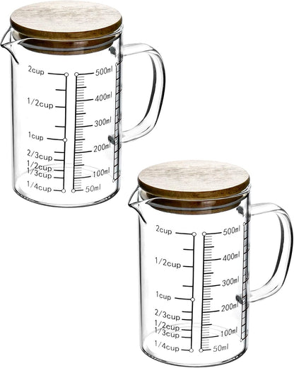 Glass Measuring Cup, 500ML (18 Oz, 2 Cup), High Borosilicate Glass Scale Cup with Handle and Durable Bamboo Lid, for Kitchen or Restaurant