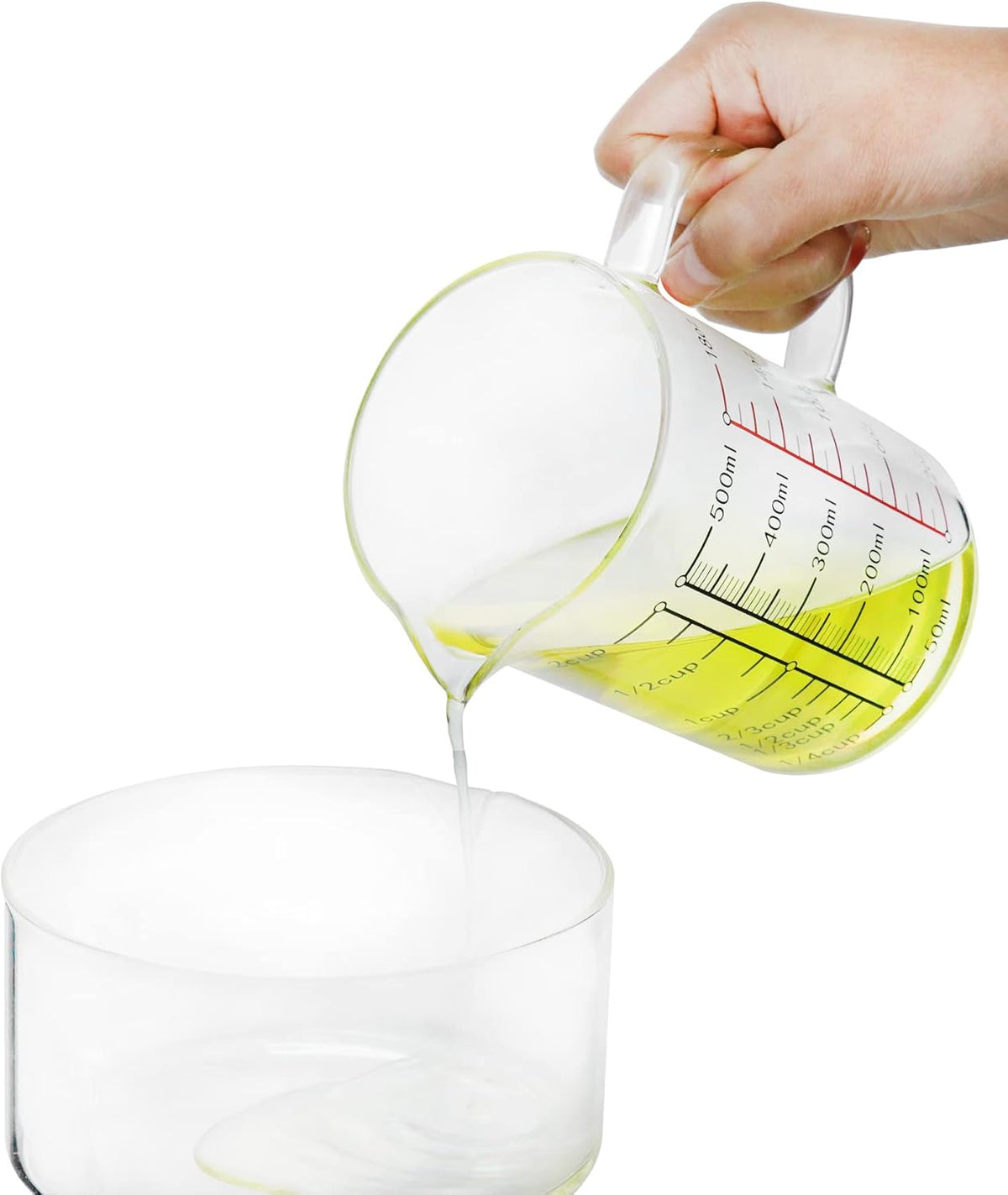 Glass Measuring Cup, 500ML (18 Oz, 2 Cup), High Borosilicate Glass Scale Cup with Handle and Durable Bamboo Lid, for Kitchen or Restaurant