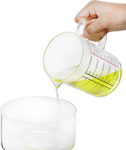 Glass Measuring Cup, 500ML (18 Oz, 2 Cup), High Borosilicate Glass Scale Cup with Handle and Durable Bamboo Lid, for Kitchen or Restaurant