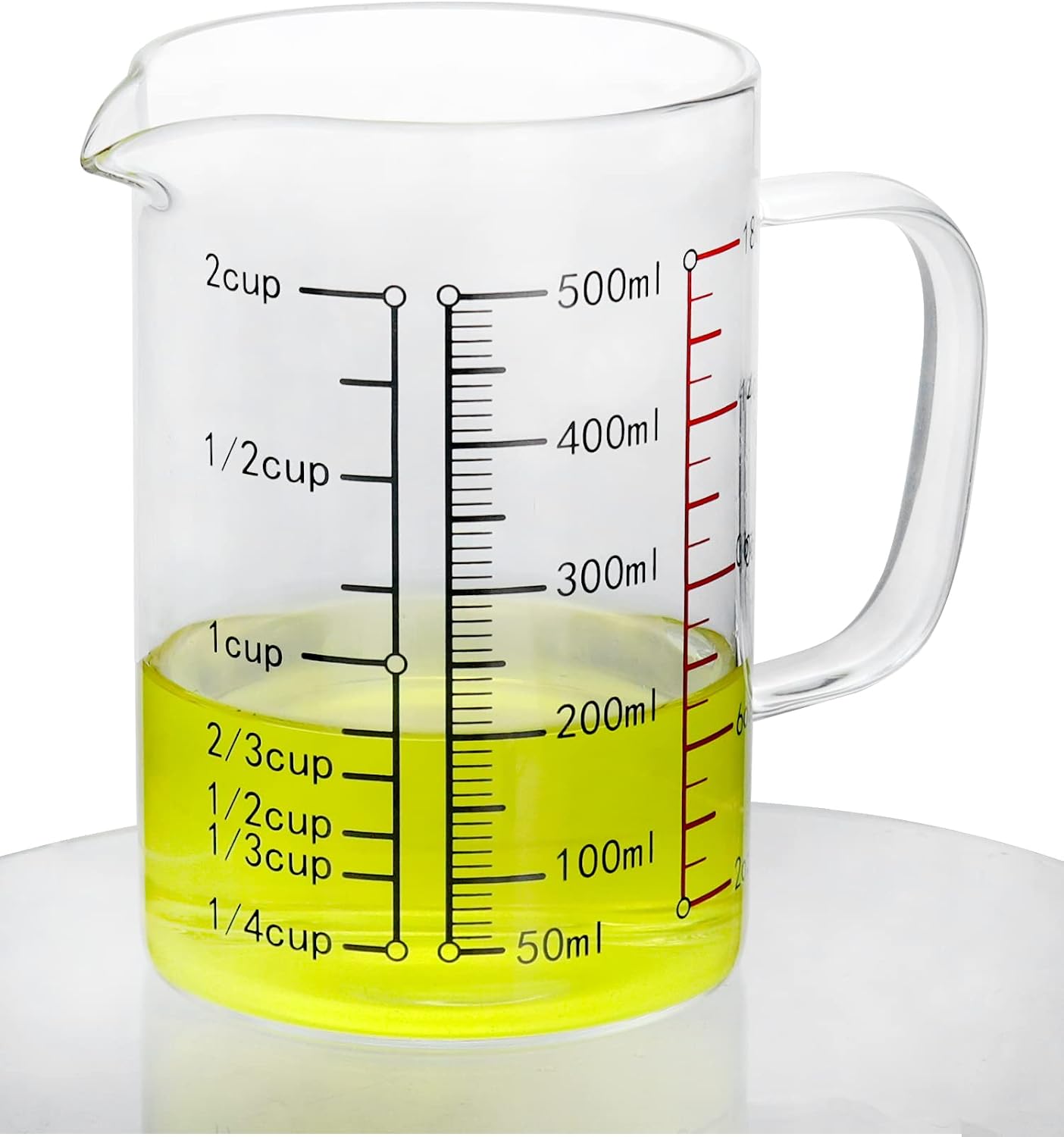 Glass Measuring Cup, 500ML (18 Oz, 2 Cup), High Borosilicate Glass Scale Cup with Handle and Durable Bamboo Lid, for Kitchen or Restaurant