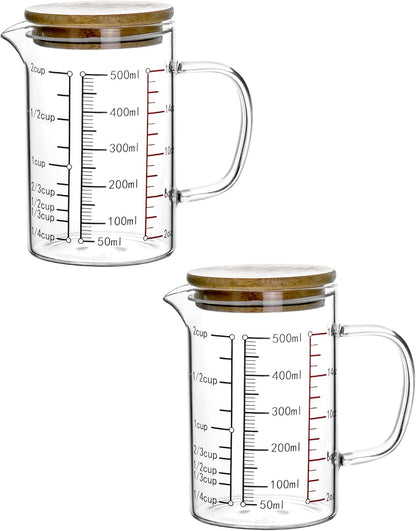 Glass Measuring Cup, 500ML (18 Oz, 2 Cup), High Borosilicate Glass Scale Cup with Handle and Durable Bamboo Lid, for Kitchen or Restaurant