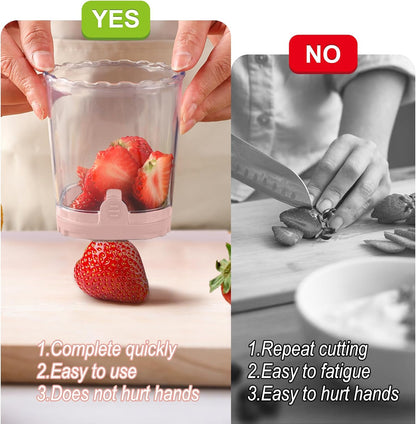Fruit Slicer Cup - Stainless Steel Strawberry Slicer with Push Plate, Detachable Egg Banana Grape Cutter, Dishwasher Safe Multifunctional Kitchen Gadget for Fruit Salad Cake (Pink)