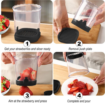Fruit Slicer Cup - Stainless Steel Strawberry Slicer with Push Plate, Detachable Egg Banana Grape Cutter, Dishwasher Safe Multifunctional Kitchen Gadget for Fruit Salad Cake (Pink)