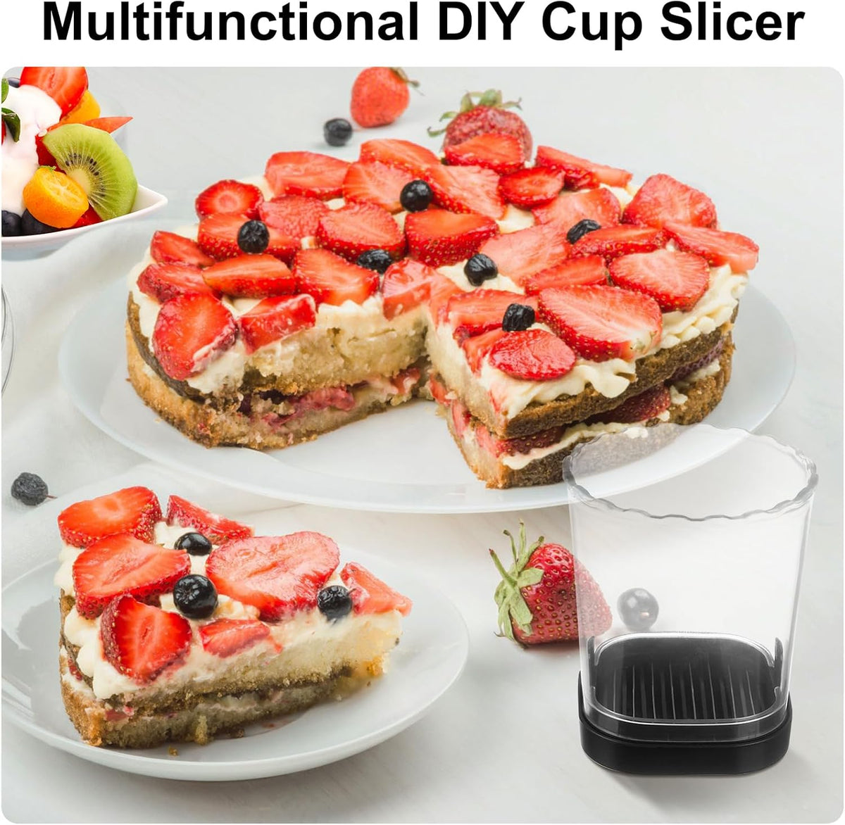 Fruit Slicer Cup - Stainless Steel Strawberry Slicer with Push Plate, Detachable Egg Banana Grape Cutter, Dishwasher Safe Multifunctional Kitchen Gadget for Fruit Salad Cake (Pink)