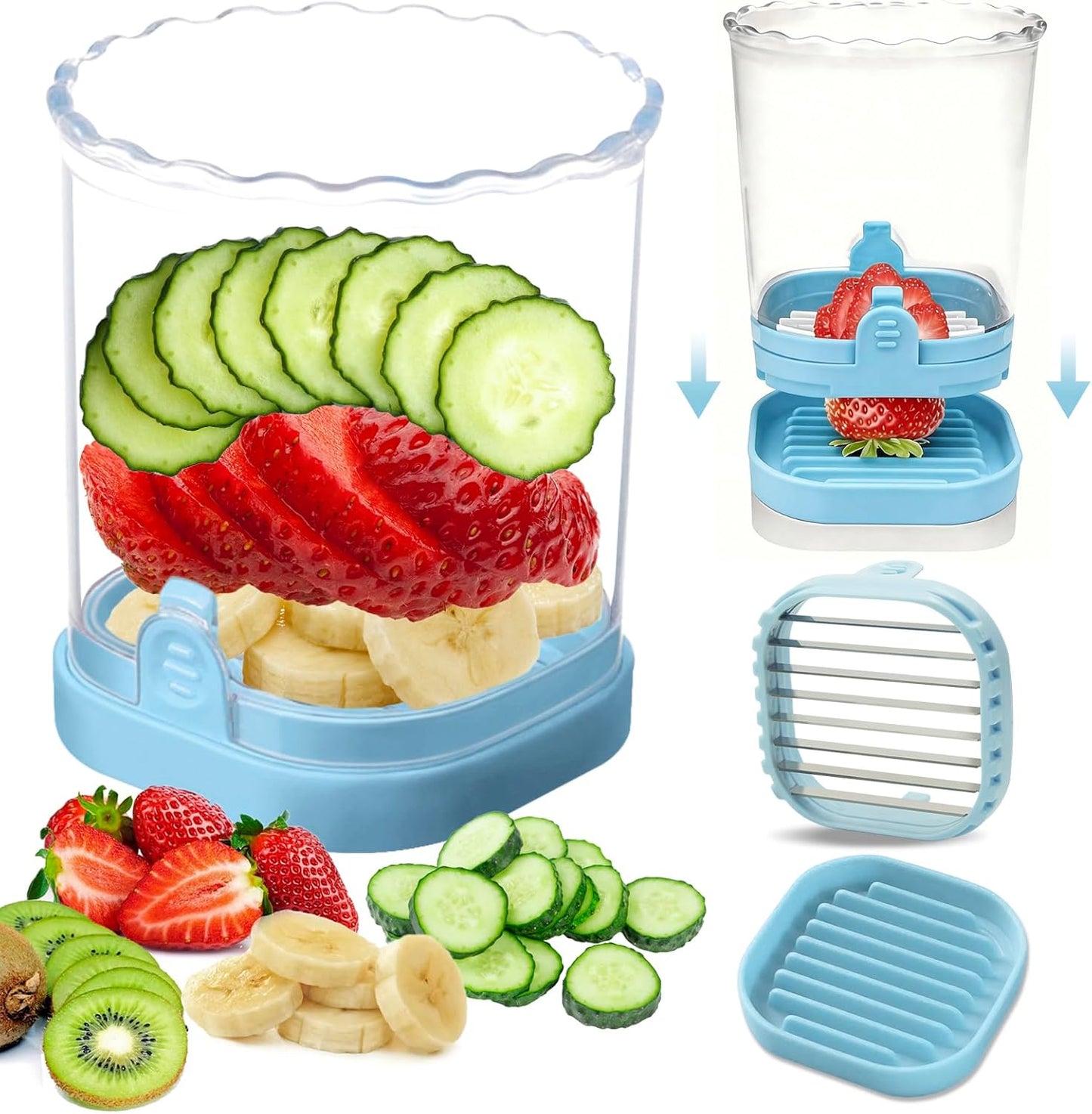Fruit Slicer Cup - Stainless Steel Strawberry Slicer with Push Plate, Detachable Egg Banana Grape Cutter, Dishwasher Safe Multifunctional Kitchen Gadget for Fruit Salad Cake (Pink)