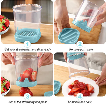 Fruit Slicer Cup - Stainless Steel Strawberry Slicer with Push Plate, Detachable Egg Banana Grape Cutter, Dishwasher Safe Multifunctional Kitchen Gadget for Fruit Salad Cake (Pink)