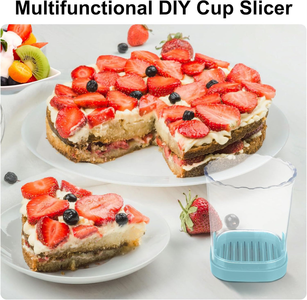 Fruit Slicer Cup - Stainless Steel Strawberry Slicer with Push Plate, Detachable Egg Banana Grape Cutter, Dishwasher Safe Multifunctional Kitchen Gadget for Fruit Salad Cake (Pink)