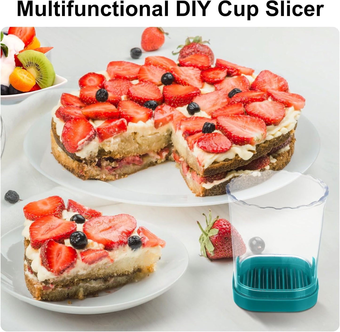 Fruit Slicer Cup - Stainless Steel Strawberry Slicer with Push Plate, Detachable Egg Banana Grape Cutter, Dishwasher Safe Multifunctional Kitchen Gadget for Fruit Salad Cake (Pink)
