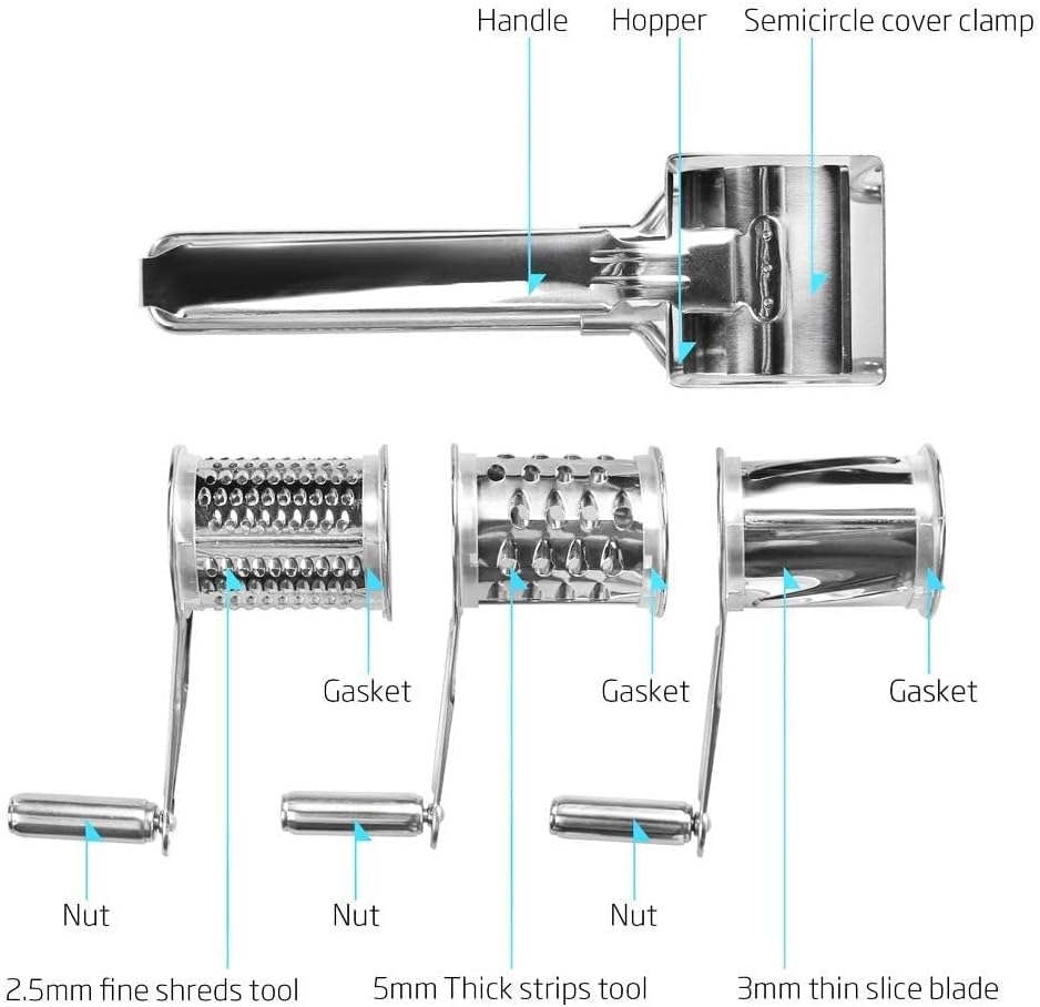 Stainless Steel Rotary Cheese Grater, Hand Crank Cheese Shredder Multifunction Rotatable Cheese Cutter Kitchen Slicing Tool for Hard Cheese, Chocolate & More