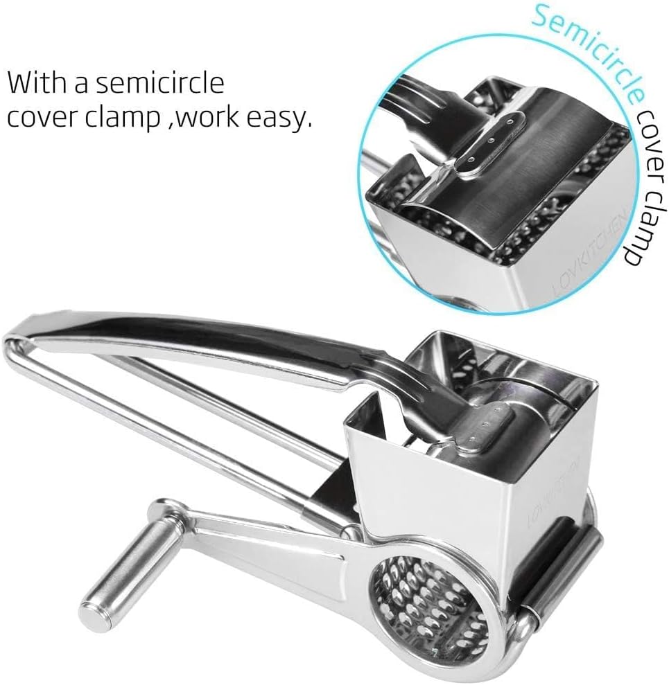 Stainless Steel Rotary Cheese Grater, Hand Crank Cheese Shredder Multifunction Rotatable Cheese Cutter Kitchen Slicing Tool for Hard Cheese, Chocolate & More