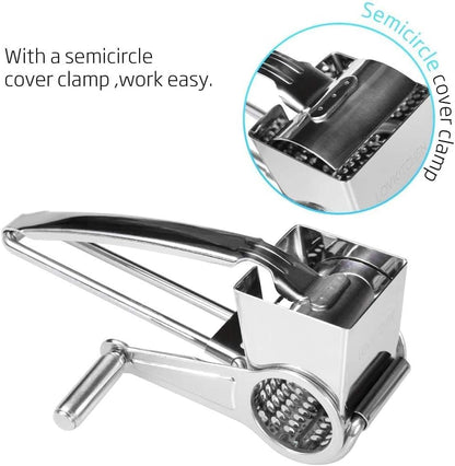 Stainless Steel Rotary Cheese Grater, Hand Crank Cheese Shredder Multifunction Rotatable Cheese Cutter Kitchen Slicing Tool for Hard Cheese, Chocolate & More